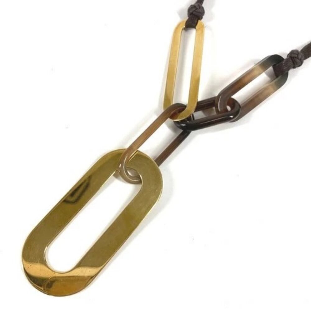 HERMES logo water buffalo Necklace Buffalo horn Brown/Gold - Picture 2 of 13